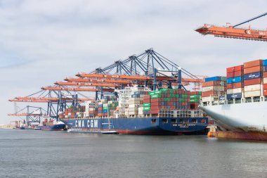 Rotterdam kargo gemileri ile konteyner terminali Hollandalı limanında demirlemiş
