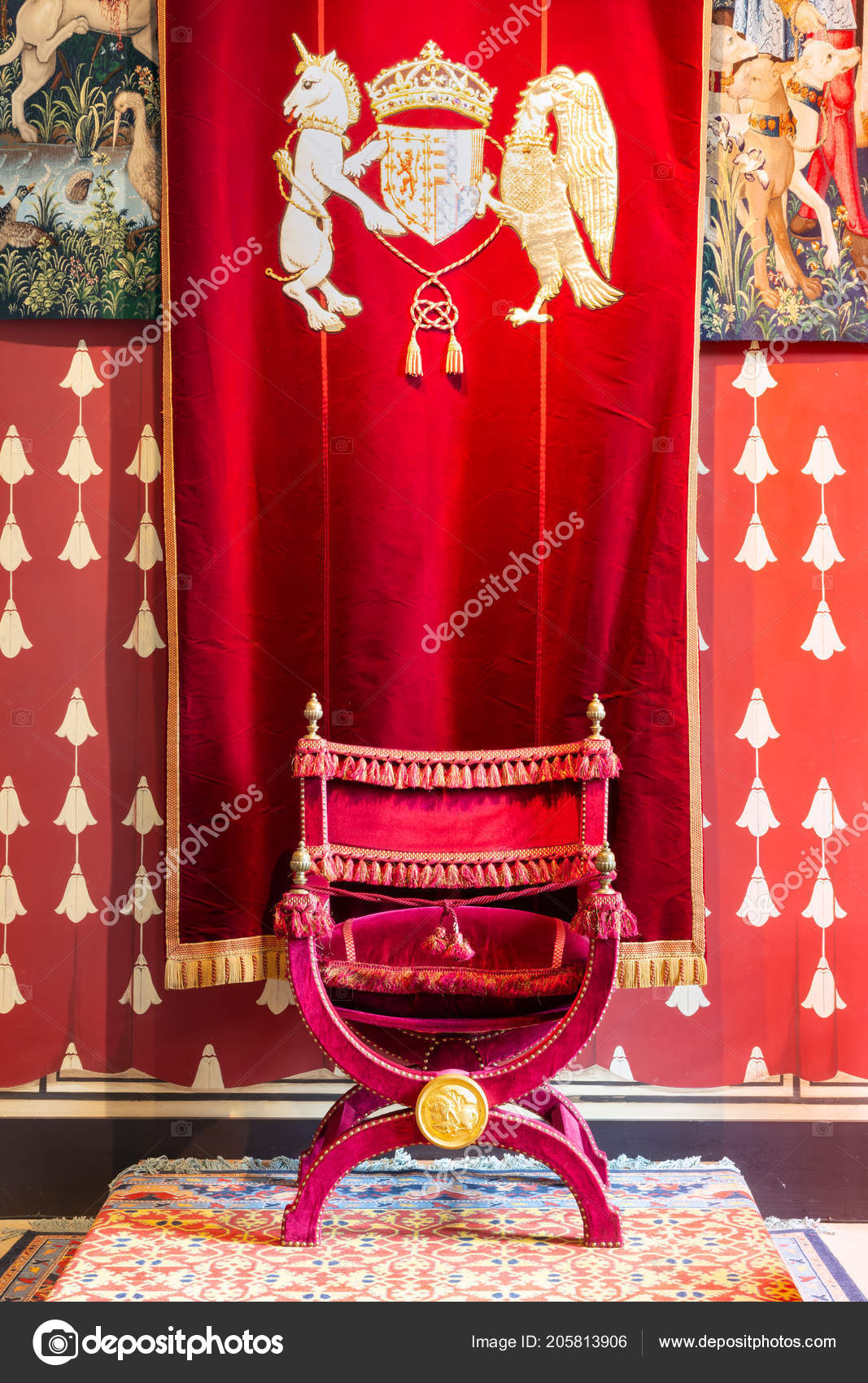 Medieval Room Of Stirling Castle With Decorated Throne And
