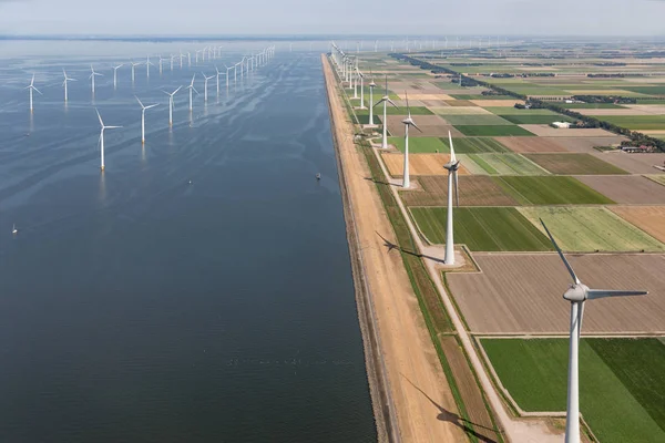 Aerial view Dutch landscape with offshore wind turbines along coast — Stock Photo, Image