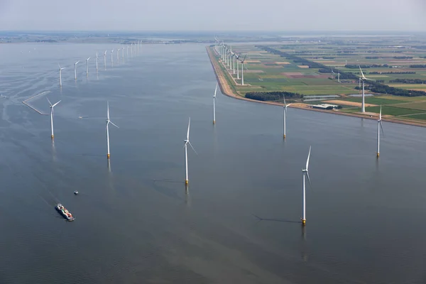 Aerial view Dutch sea with offshore wind turbines along coast — Stock Photo, Image