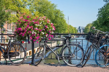 Bisiklet ve çiçeklerle, Amsterdam, Nethelands kanal üzerinden köprü