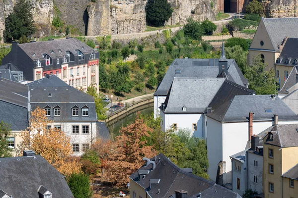 Luxembourg city, aerial view of the Old Town and Grund — Stock Photo, Image