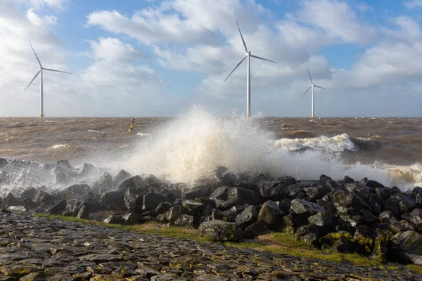 Mare olandese con turbine eoliche off-shore e onde di rottura — Foto Stock