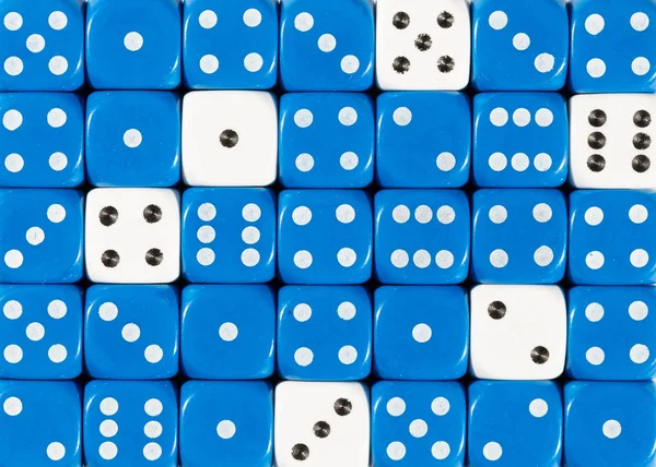 Background of random ordered blue dices with six white cubes — Stock Photo, Image