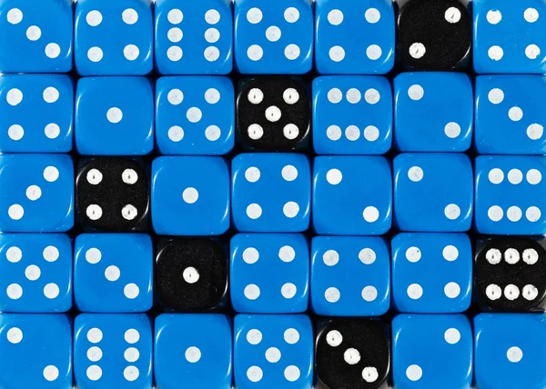 Background of random ordered blue dices with six black cubes — Stock Photo, Image