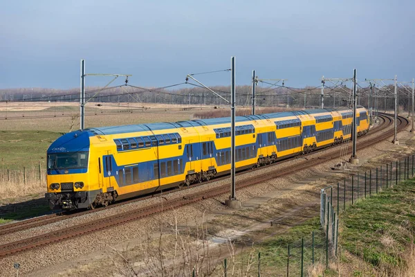 Ferrovia holandesa através do Parque Nacional Oostvaardersplassen perto de Almere e Lelystad — Fotografia de Stock