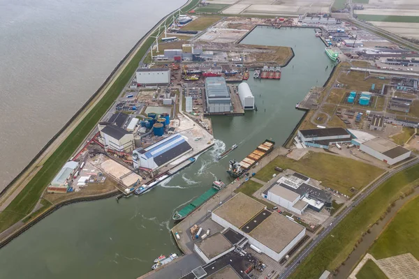 Aerial view harbor Harlingen, Dutch village at Wadden Sea — Stock Photo, Image