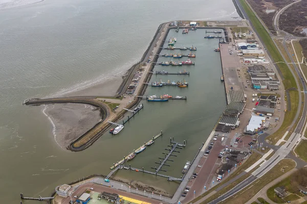 Aerial view harbor Lauwersoog at Dutch coast Wadden Sea — Stock Photo, Image