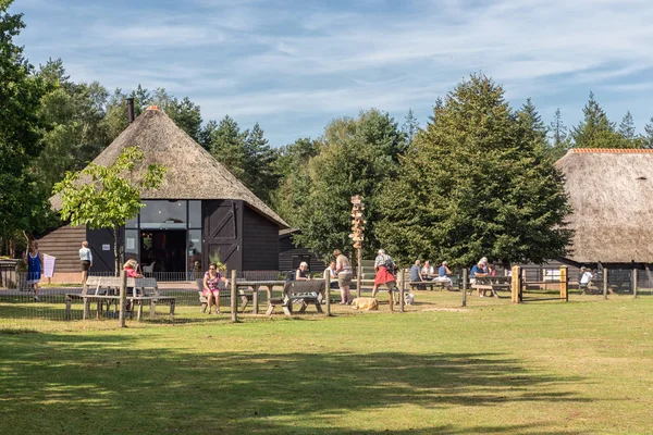 Bezoekers Nederlandse schaapskooi nabij Heide van de Nederlandse Veluwe — Stockfoto