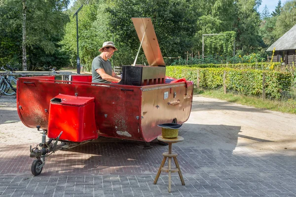 Holandês busker está tocando no piano móvel perto de ovelha Ermelo — Fotografia de Stock