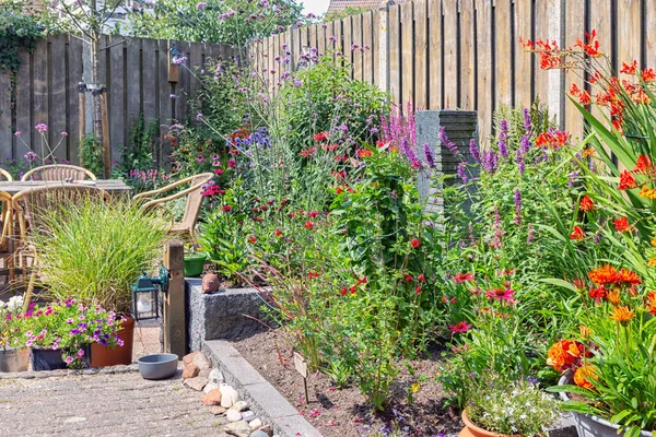 Jardín ornamental con plantas coloridas en macizo de flores y mesa de madera — Foto de Stock