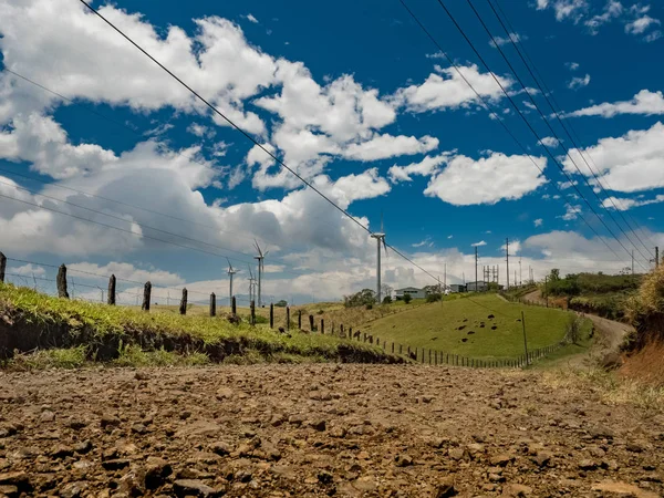 Campo Turbinas Eólicas Camino Tierra — Foto de Stock