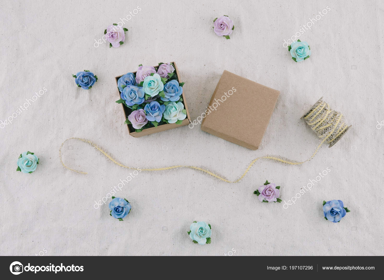 Brown Gift Box Rope Decorate Blue Tone Paper Flowers Muslin