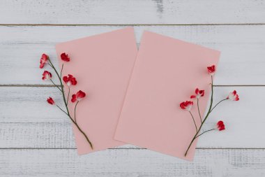 İki boş pembe kart süslemeleri Beyaz ahşap zemin üzerinde kırmızı kağıt çiçeklerle 