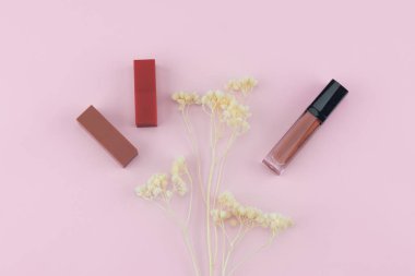 Ruj ve dudak parlatıcısı pastel pembe bir arka plan üzerinde beyaz Kuru çiçekler ile süsleyin