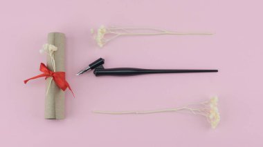 Kaydırma ve eğik kalemi pastel pembe bir arka plan üzerinde beyaz Kuru çiçekler ile süsleyin