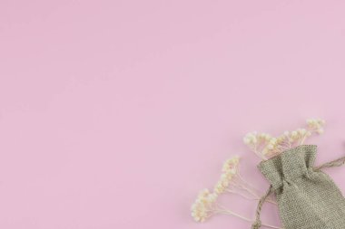 Çul çanta ile kopya alanı ile pastel pembe arka plan üzerinde beyaz Kuru çiçekler 