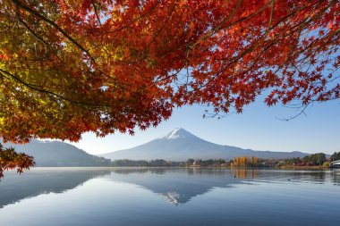Fuji Dağı'nın yansıma ve kırmızı akçaağaç Kawaguchiko Lak, sonbaharda