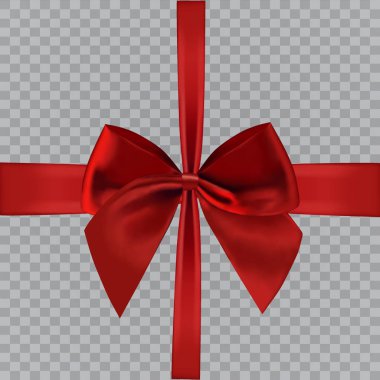 Gerçekçi kırmızı yay ve şeffaf arka plan üzerinde izole şerit. Tebrik kartı, poster ya da broşür şablonu. Vektör çizim.