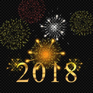 Çeşitli şekillerde patlama şenlikli desenli havai fişek parlak piktogram siyah bir arka plan karşı soyut ayarlayın. Yeni yıl ve Doğum günü. Vektör çizim