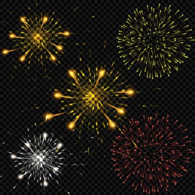 Çeşitli şekillerde patlama şenlikli desenli havai fişek parlak piktogram siyah bir arka plan karşı soyut ayarlayın. Yeni yıl ve Doğum günü. Vektör çizim