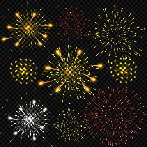 Festlich Gemustertes Feuerwerk Verschiedenen Formen Funkelnde Piktogramme Vor Schwarzem Hintergrund — Stockvektor