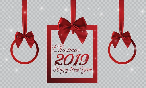 Neujahrsbanner Form Eines Weihnachtsgeschenks Und Dekorationen Mit Roter Schleife Und — Stockvektor