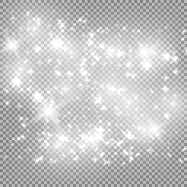Beyaz kıvılcımlar özel ışık efekti. Şeffaf arkaplanda vektör ışıltısı. Noel soyut kalıbı. Parıldayan sihirli toz parçacıkları