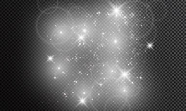 Beyaz kıvılcımlar özel ışık efekti. Şeffaf arkaplanda vektör ışıltısı. Noel soyut kalıbı. Parıldayan sihirli toz parçacıkları