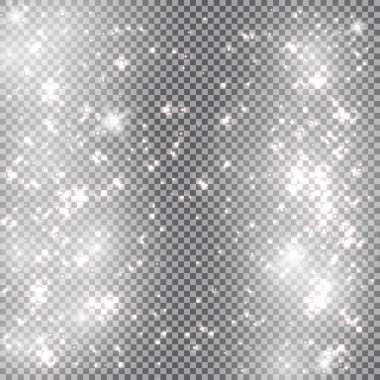 Beyaz kıvılcımlar özel ışık efekti. Şeffaf arkaplanda vektör ışıltısı. Noel soyut kalıbı. Parıldayan sihirli toz parçacıkları