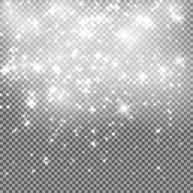 Beyaz kıvılcımlar özel ışık efekti. Şeffaf arkaplanda vektör ışıltısı. Noel soyut kalıbı. Parıldayan sihirli toz parçacıkları