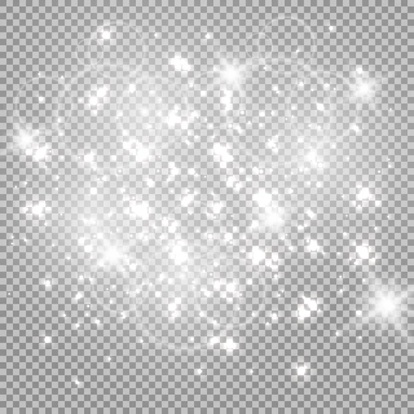 Beyaz kıvılcımlar özel ışık efekti. Şeffaf arkaplanda vektör ışıltısı. Noel soyut kalıbı. Parıldayan sihirli toz parçacıkları
