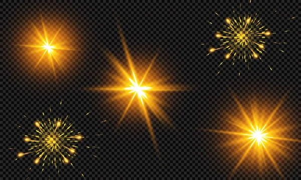 Ilustración Vectorial Rayos Luz Llamarada Abstracta Conjunto Estrellas Luz Resplandor — Vector de stock