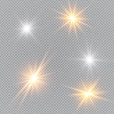 Soyut ışık ışınlarının vektör illüstrasyonu. Bir dizi yıldız, ışık ve ışıltı, ışınlar ve parlaklık.