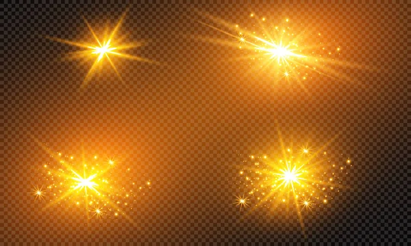 Ilustración Vectorial Rayos Luz Llamarada Abstracta Conjunto Estrellas Luz Resplandor — Vector de stock