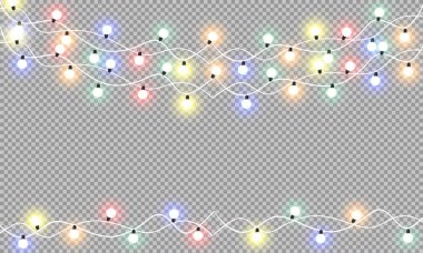 Parlak Noel izole gerçekçi tasarım öğeleri ışıklar. Çelenk, Noel süslemeleri ışık efektleri