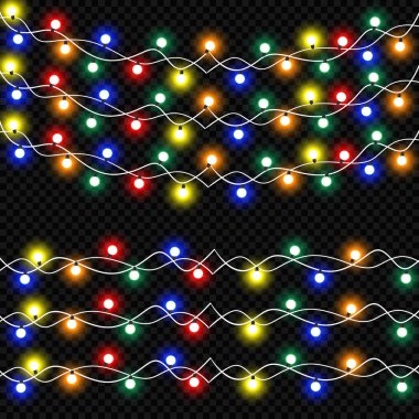 Parlak Noel izole gerçekçi tasarım öğeleri ışıklar. Çelenk, Noel süslemeleri ışık efektleri