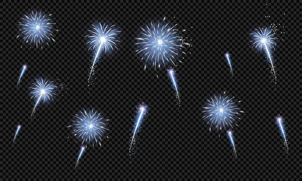 Fuegos Artificiales Estampados Festivos Ciudad Estallando Varias Formas Pictogramas Brillantes — Vector de stock