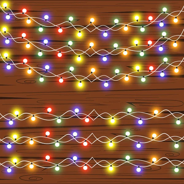 一套发光的圣诞灯饰为圣诞节放假贺卡设计 木制手绘背景 灯泡系列 圣诞节和新年设计 木制背景与圣诞灯饰 向量例证 Eps10 — 图库矢量图片