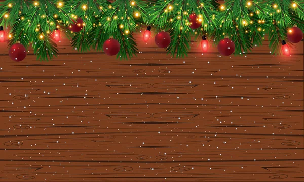 Vektor Urlaub Holz Textur Hintergrund Mit Tannenzweigen Und Weihnachtsbeleuchtung Weihnachten — Stockvektor