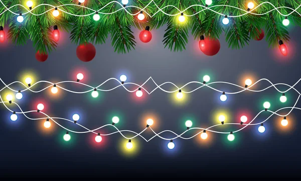 Vector Vakantie Houtstructuur Achtergrond Met Spar Takken Christmas Lights Kerst — Stockvector