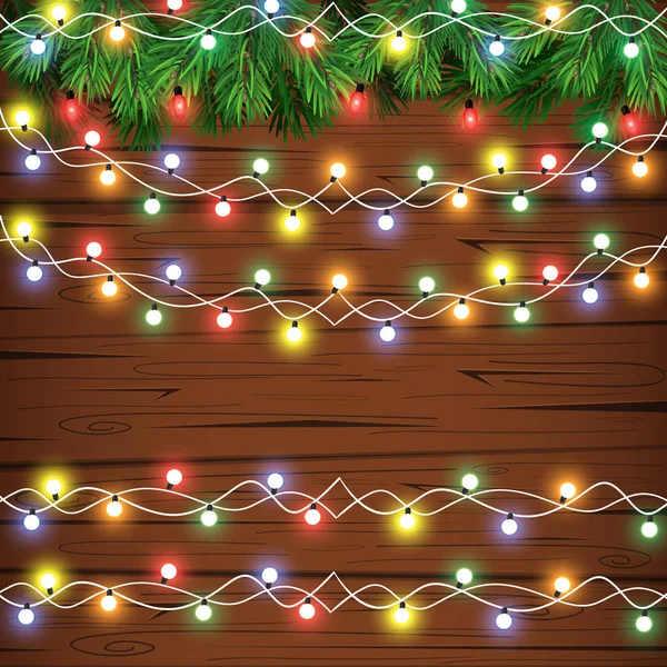 Vektor Urlaub Holz Textur Hintergrund Mit Tannenzweigen Und Weihnachtsbeleuchtung Weihnachten — Stockvektor