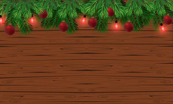 Fondo Textura Madera Vectorial Con Ramas Abeto Luces Navidad Diseño — Vector de stock