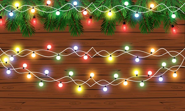 Fondo Textura Madera Vectorial Con Ramas Abeto Luces Navidad Diseño — Vector de stock