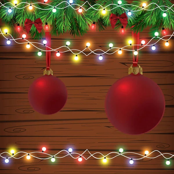 矢量假日木纹理背景与冷杉树枝和圣诞灯圣诞节 新年设计 木背景与圣诞灯饰花环 向量例证 — 图库矢量图片