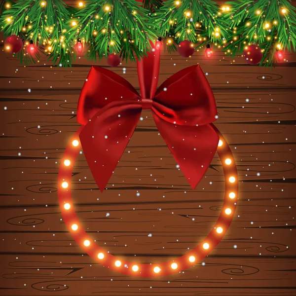 Árbol Navidad Decoración Bolas Lazo Hermosas Luces Luces Navideñas Rama — Vector de stock