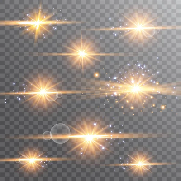 Ilustración Vectorial Rayos Luz Llamarada Abstracta Conjunto Estrellas Luz Resplandor — Vector de stock