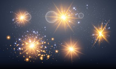 Parlama ışık efekti. Vektör çizim. Noel flash kavramı. Soyut parlama ışık ışınlarının vektör çizim. Bir dizi yıldız, ışık ve parlaklık, ışınları ve parlaklık.