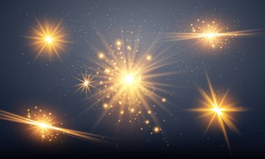 Soyut parlama ışık ışınlarının vektör çizim. Bir dizi yıldız, ışık ve parlaklık, ışınları ve parlaklık. Parlama ışık efekti. Vektör çizim.