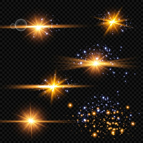 Ilustración Vectorial Rayos Luz Llamarada Abstracta Conjunto Estrellas Luz Resplandor — Vector de stock